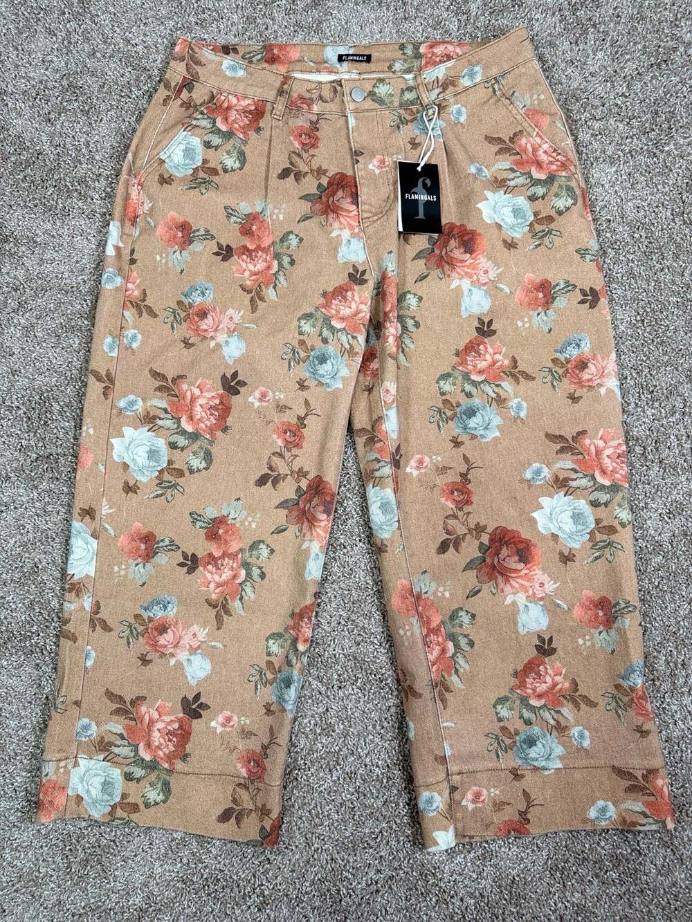 Flamingals Floral Print Wide Leg High-Rise Denim Pants Cottagecore Fall Romantic